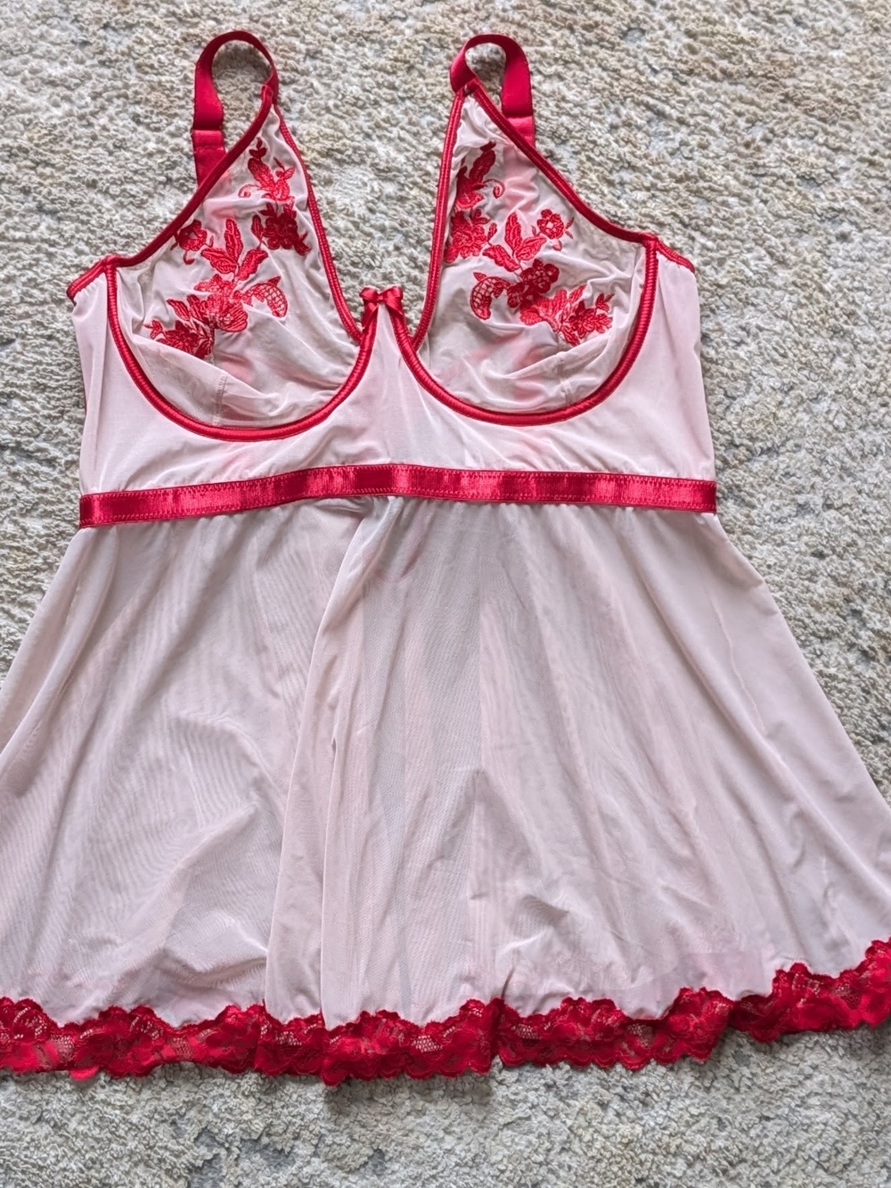 Coquette Diva Plus Size Sheer Nude Teddy W/ RedLace Details Feminine Soft Sexy
